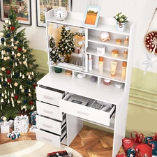 Makeup Vanity Set LED Mirror White Vanity Table with Drawer Bedroom Makeup Desk