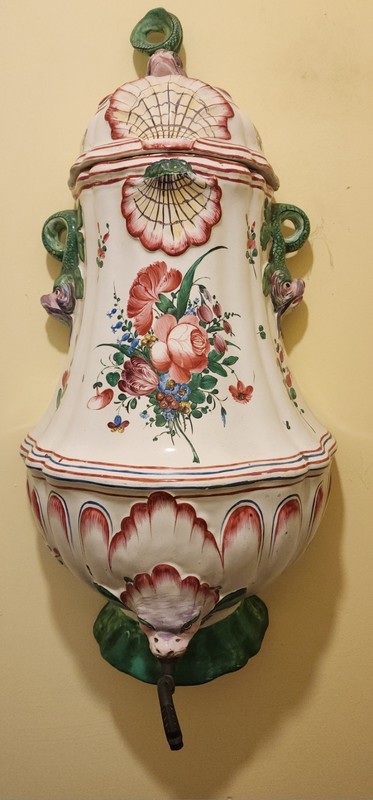 Antique DOLPHINS 19th French Faience Lavabo Wall Fountain  hand Painted Florals