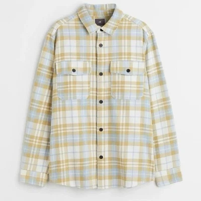 H&M Plaid Overshirt Men Size M Yellow Blue Check Cotton Shirt Jacket Pastel - Image 1 of 4