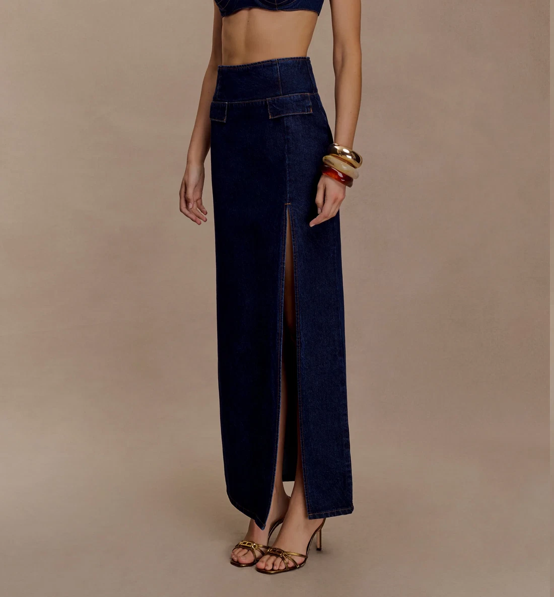 MESHKI Maylena High Rise Denim Maxi Skirt Sz L NWT
