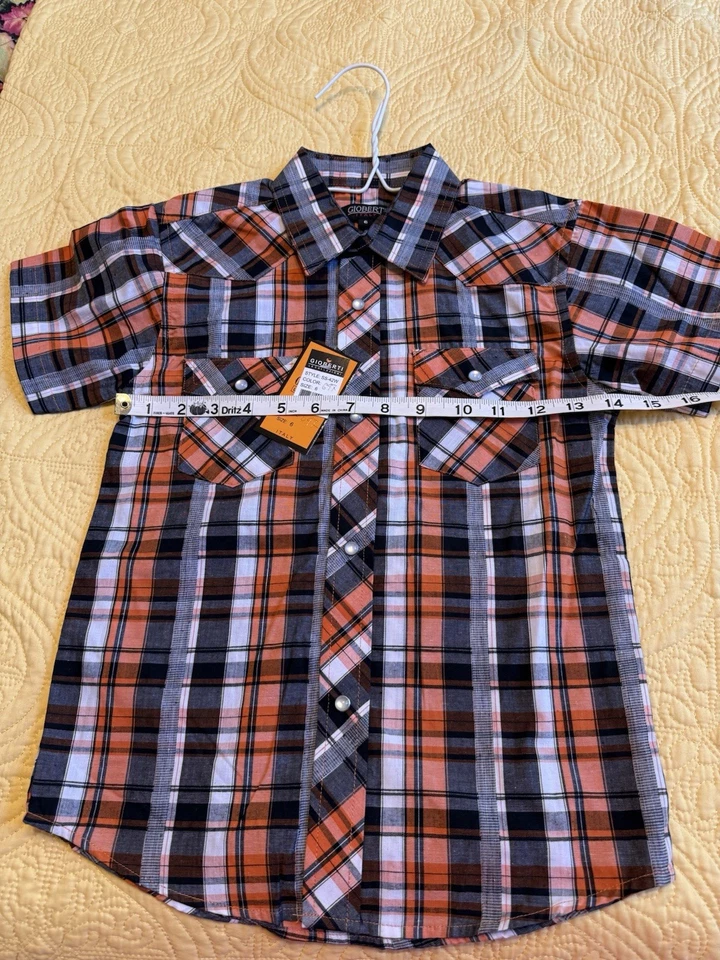 Camisa con botones a cuadros naranja y negra manga corta para niños talla 6 nueva con etiquetas Foto 4 de 4