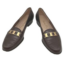 Ferragamo Brown Crocodile Embossed Leather Gold Hardware Loafer Shoes Size 7B