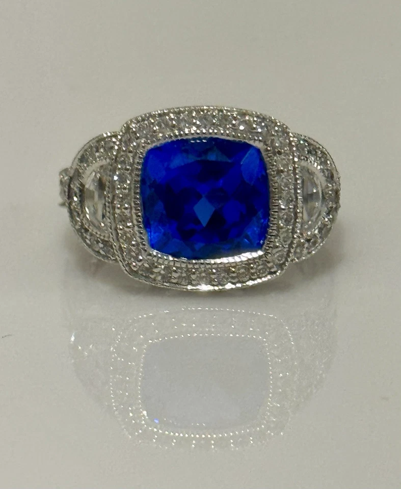 Size 6 Cushion Cut Blue Spinell Ring Sterling Silver Rhodium Plated - Image 2 of 4