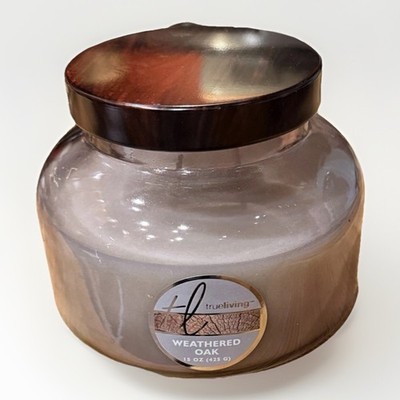 True Living Essentials Weathered Oak Scented Large 3-Wick Candle W/Lid 15 Oz New