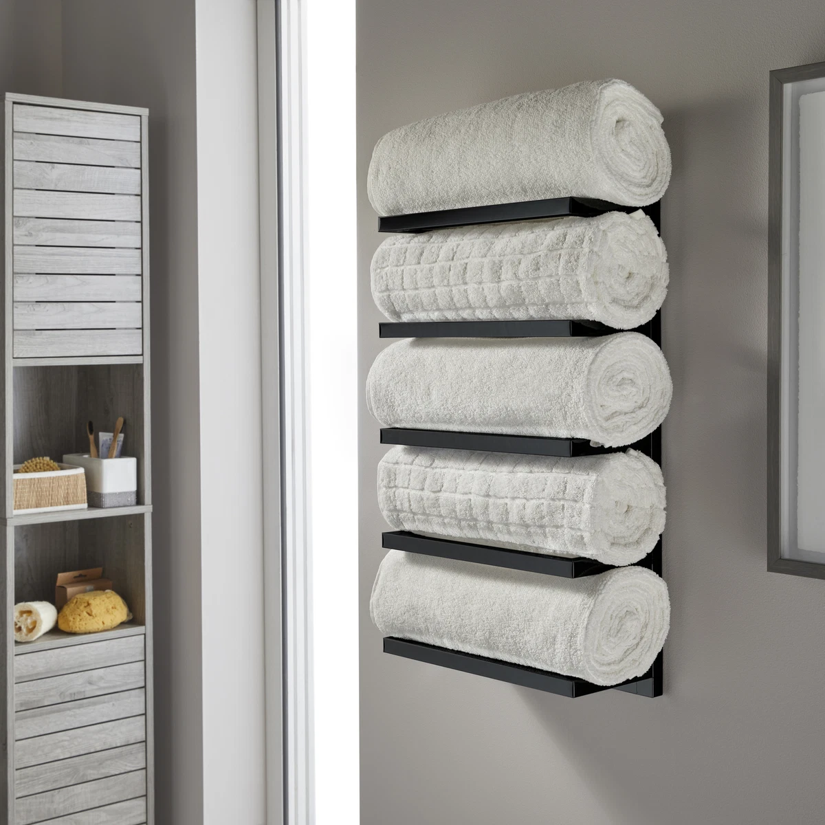 5 Tier Black Wall Mounted Towel Holder Storage Rail Rack Bathroom