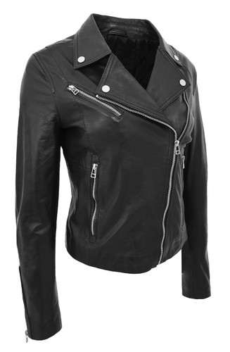 Womens LATEST Soft Black Genuine Leather Biker Style Jacket Slim Fit Zip Fasten