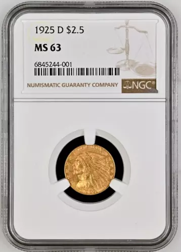 1925 D Gold Quarter Eagle $2.50 Indian Head Gold Coin NGC MS-63
