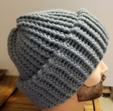 XL Dusty Blue Gray Wool Blend Xtra Thick & Warm Hand Knit 100% Handmade Beanie