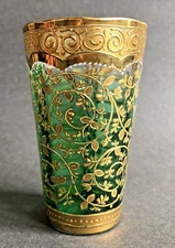 Moser Bohemia-ANTIQUE ART GLASS GREEN-GOLD HAND ENCRUSTED TUMBLER~4 Available