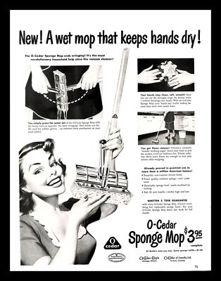 1951 O-Cedar Sponge Mop Vintage PRINT AD Housewife Kitchen Cleaning 1950s