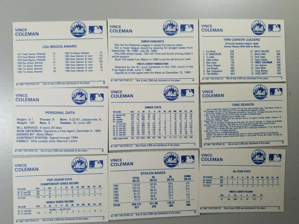 Vince Coleman 1991 Star Company St Louis Cardinals 9-card Silver, #BC13 - Image 4 of 4