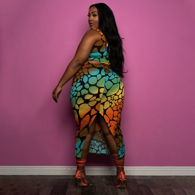 New Plus Size Women Sleeveless Slit Patchwork Skinny Print Club Dress 2pcs