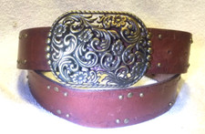 Fossil Tooled Brown Leather Belt Studded Gold Flowers Buckle Size 32 1.5 W Great