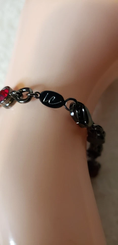 Liz Claiborne Deep Red Rhinestone Bracelet Gun Metal 7 1/2" - Image 4 of 4