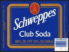 Vintage soda pop bottle label SCHWEPPES CLUB SODA 28oz size Stamford CT nrmt+