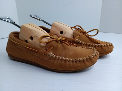 Minnetonka Moccasins 917T Taupe Leather Suede Round Toe Slip On Shoes Size 8