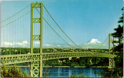The Narrows Bridge & Mount Rainier Washington  Vintage postcard spc1