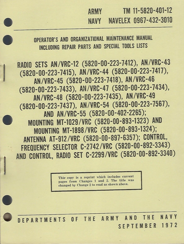 Historical book Radio Sets AN/VRC-12 series, Operator/Unit/Maintenance ...