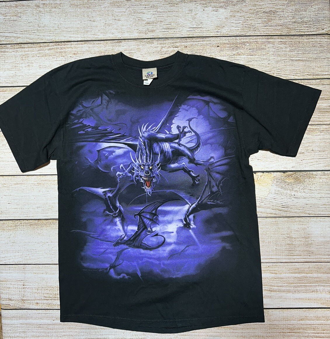 BLACK PEACE NOW Tシャツ　ドラゴン　龍　y2k Darkcore Liquid Blue Vintage Y2K Dragon Shirt Men Large Black Gothic