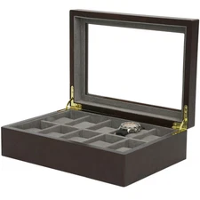 Watch Box 10 Slots Expresso Brown Wood Case Storage Display Glass Lid Luxury 
