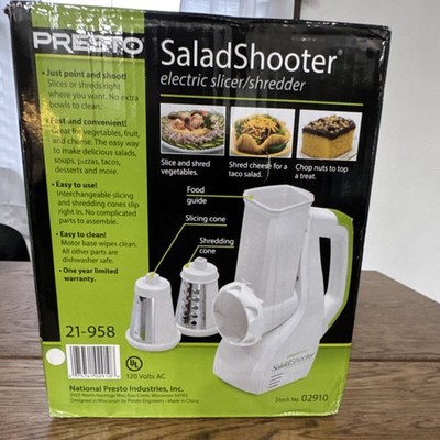 Presto SaladShooter 02910 Electric Slicer Shredder White w/ Food Guide & Cones