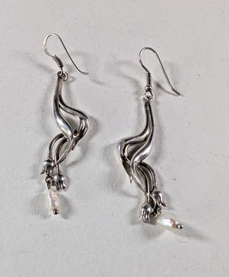 Vintage Silver Art Nouveau Style Floral Design Dangle Earrings with Pearl - Image 1 of 4