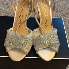 Nina Women  s Silver Rhinestone Strappy Open Toe buckle skinny Stiletto Heel 8