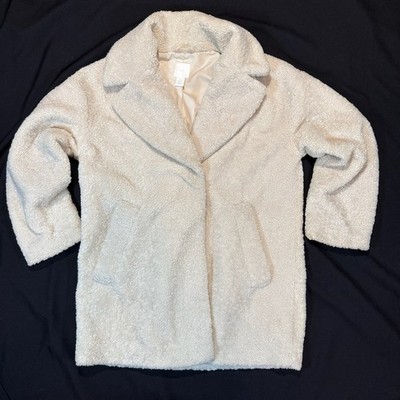 H&M Cream Teddy Bear Fleece Coat Shawl Collar Open Front Polyester Relaxed Sz S