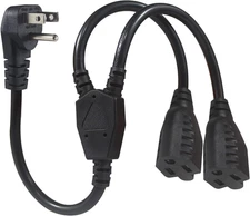 Power Cord Extension Y Splitter - 1 to 2 Way Outlet Adapter NEMA 5-15P 90-Degree