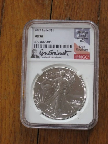 2023 Silver Eagle NGC MS 70 Don Everhart US Mint Lead Sculpter Hand Signed 1 Oz.