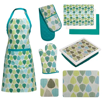 PREMIER HOUSEWARES Green Leaf Oven Gloves Mitts Dinner Table Mats Coasters Kitchen Accessories Set