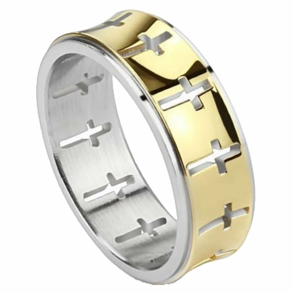 Anillo Cruz Cristiana Oro Acero Inoxidable Banda Promesa 7mm Tallas 9-13 Religioso Foto 3 de 4