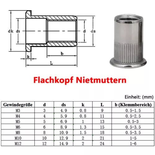 M3-M12 Nietmutter Flach / Senk Blindnietmuttern Einnietmuttern Edelstahl A2 - Bild 7 von 19
