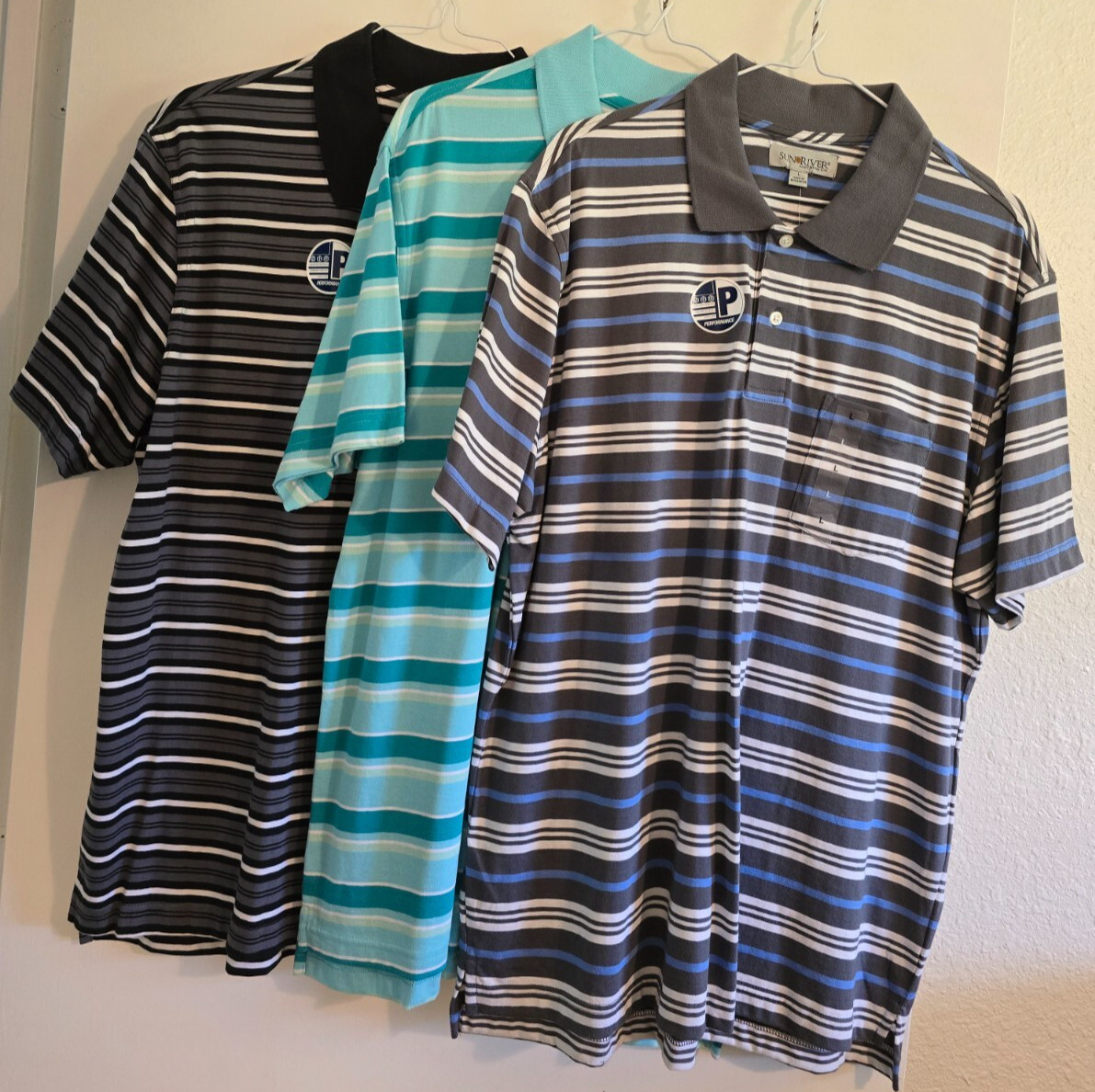 3 New Sun River Polo Golf Shirt Mens  Striped Wicking Stretch UV Protection LGE