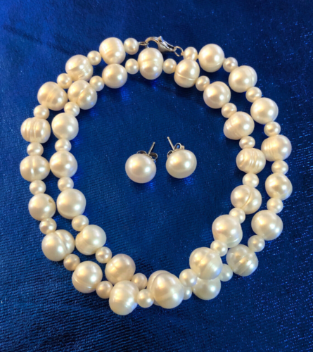 Freshwater Pearl Necklace Earrings Set Sterling Silver 925 White Baroque 18 5062 - Picture 1 of 10