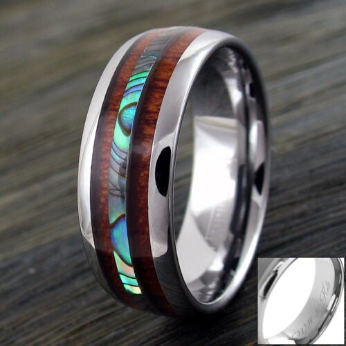 6/8mm Tungsten Men's Hawaiian Koa Wood & Abalone Wedding Band Ring-Engraving TW - Picture 1 of 29