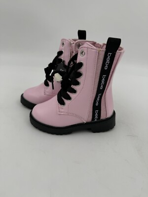 Bebe Pink Toddler Girl Biker Boots Size 5 Black Lace Up Zipper Sparkle Side