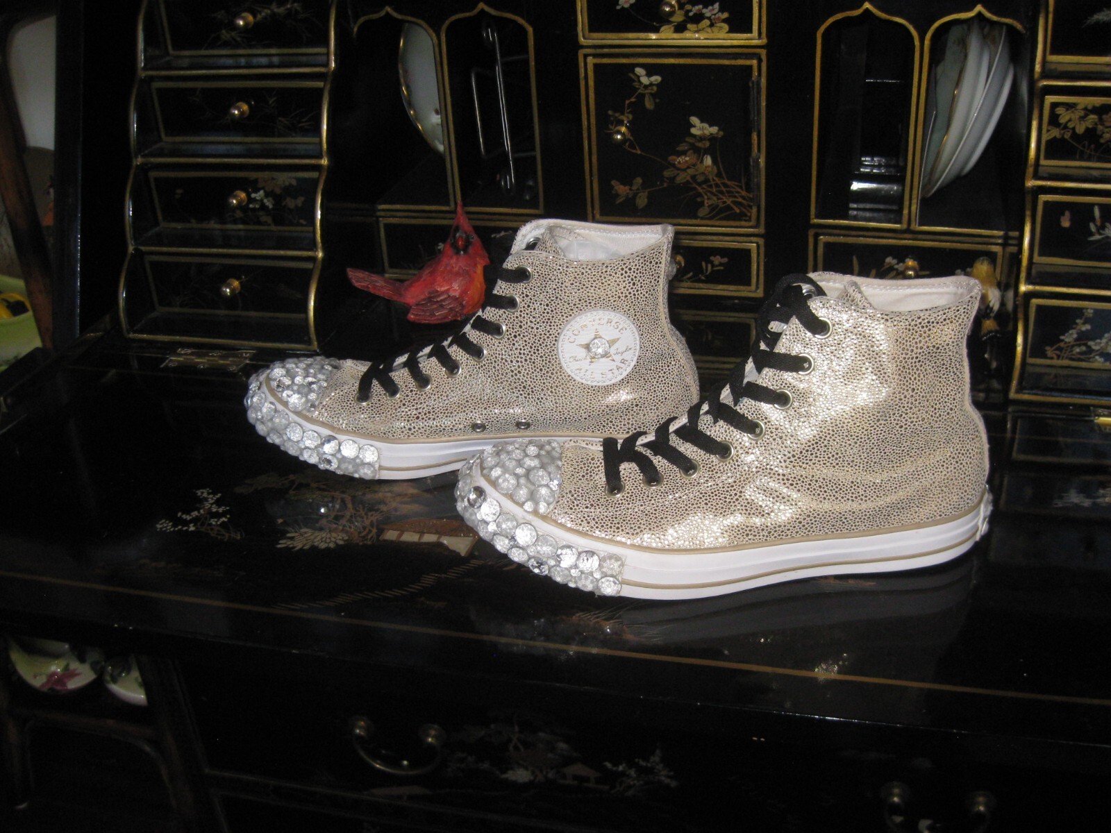 Chuck Taylor Converse Gold LEATHER High Top Bedazzled Sneakers
