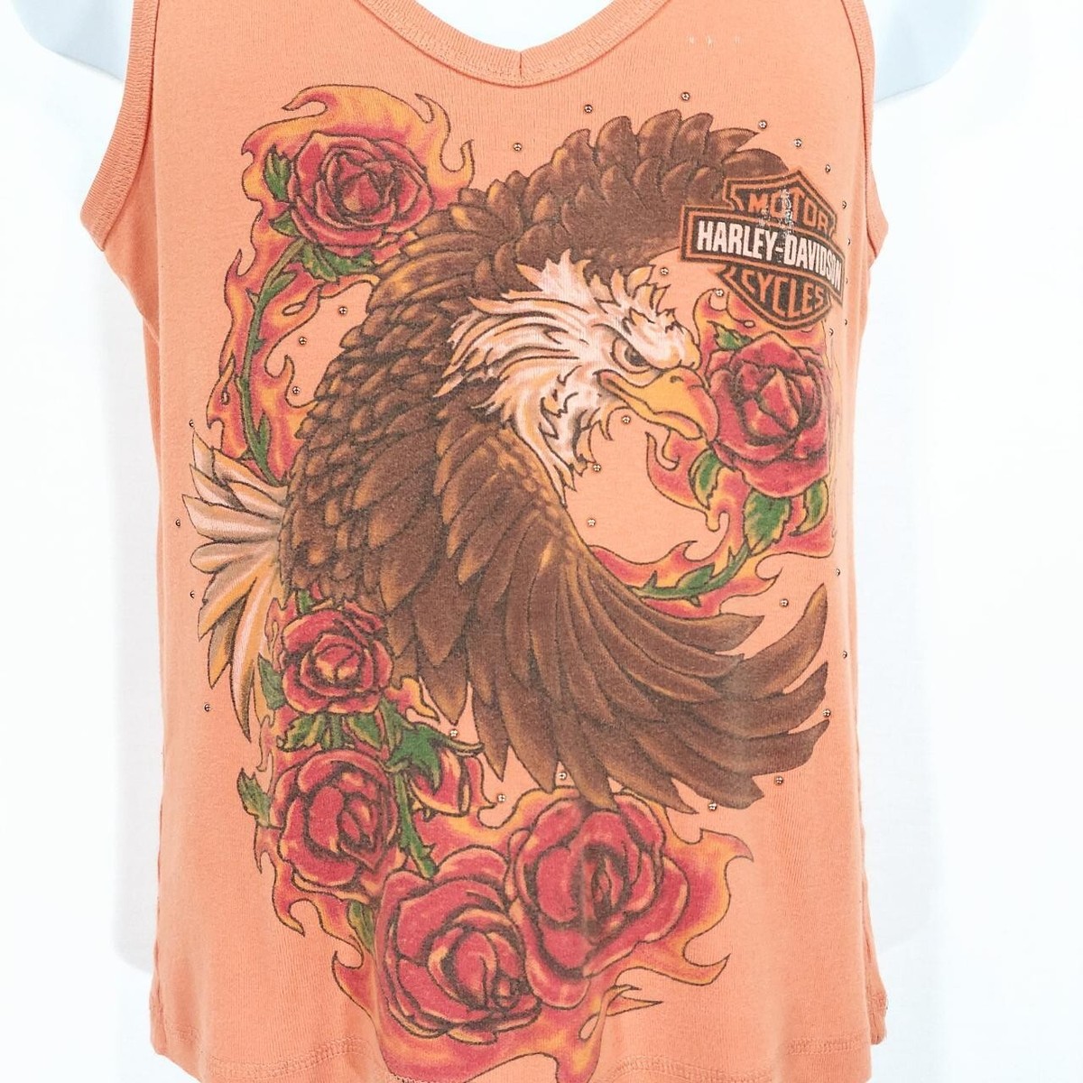 y2k❤️ Harley Davidson ラメ イーグルロゴ アシメタンクトップ Vtg Y2k Harley Davidson Women's Bedazzled Orange Tank Top Eagle