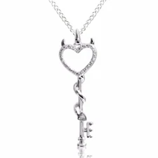Diamond Accent Devil Heart Key Pendant With 18" Cha 14K White Gold Plated Silver