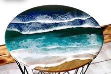Ocean Themed Round Coffee Table Top Made In Epoxy Resin Custom BedSide Table