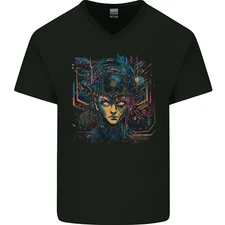 Futuristic Cyberpunk Girl Crypto Alien, Mens V-Neck Cotton T-Shirt