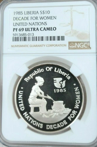 1985 LIBERIA SILVER 10 DOLLARS DECADE FOR WOMEN NGC PF 69 ULTRA CAMEO TOP POP