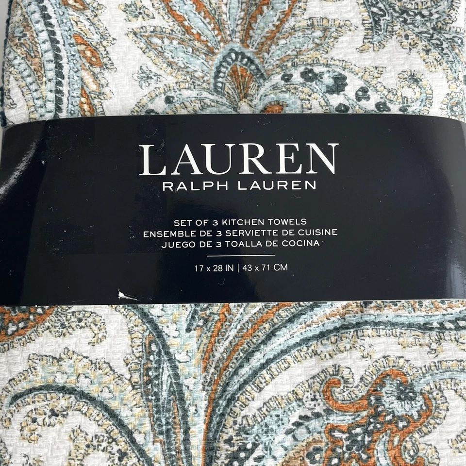 Juego de 3 toallas de cocina Ralph Lauren Delphi Paisley Rust verde azulado oscuro 100 % algodón Foto 3 de 4