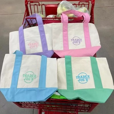 Trader Joe s Mini Pastel Canvas Tote Bag   Blue Green Pink Purple Set Of 4-NWT