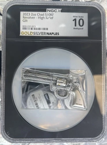 2 Oz Silver Coin 2023 Chad Revolver NGC MS 70 Antiqued High Relief NGCX 10