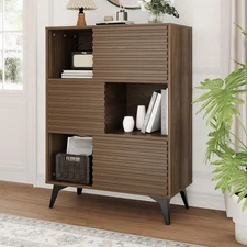 Fluted Storage Cabinet w Sliding Doors,3-Tier Floor Cabinet w Adjustable Shelves