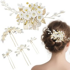 5 PCS Elegant Leaf Flower Wedding Hair Comb Bridal Headpiece with Pearl Cryst...