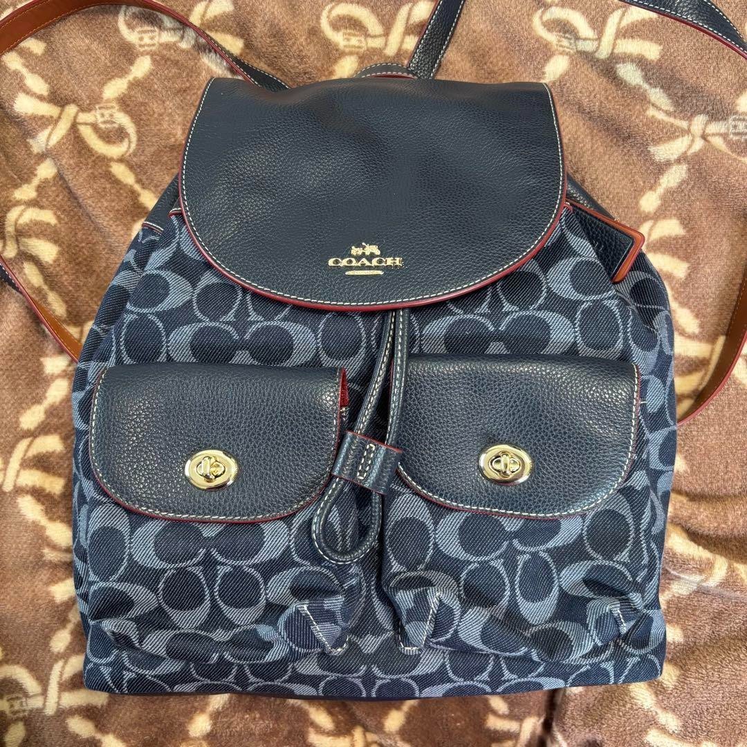 COACH Backpack Signature Denim Leather Turn Lock Front Pockets Unisex Bag