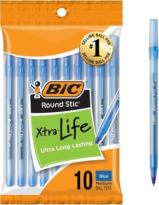 BIC Round Stic Xtra Life Blue Ballpoint Pens, Medium Point (1.0mm), 10-Count Pac